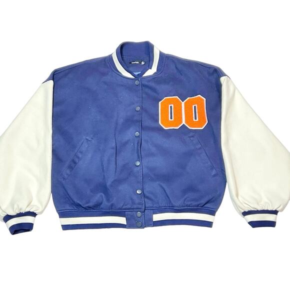 Boohoo Varsity Bomber Jacket Boys Size 8 Blue White Embroidered Patch Wool - Picture 1 of 6